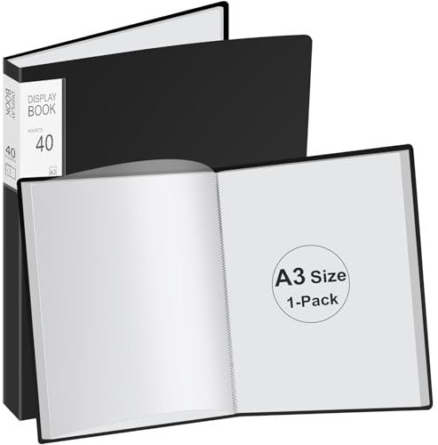 A3 Display Book Folder 40 Pockets Presentation with Clear Plastic Sleeves, Sleeves Art Storage for Painting Artwork Portfolio - Black (43.5x31.5x2.8 cm)