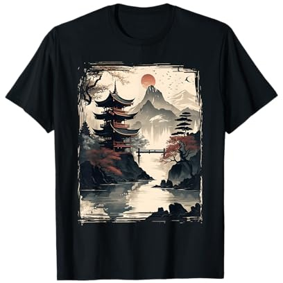 Vintage Japanese Floral Mountain View Landscape Graphic T-Shirt T-Shirt