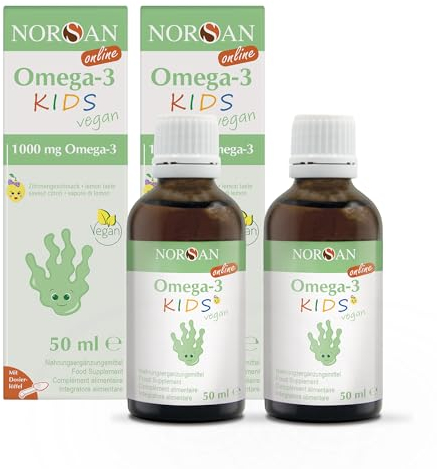 NORSAN Omega 3 ALGA Öl vegan 2x50ml / hochdosiertes Omega 3 vegan für Kinder 1.000mg pro Portion/Omega 3 Algenöl reich an DHA/Tagesdosis 2 ml ab 35 kg Algenöl Omega 3 vegan flüssig