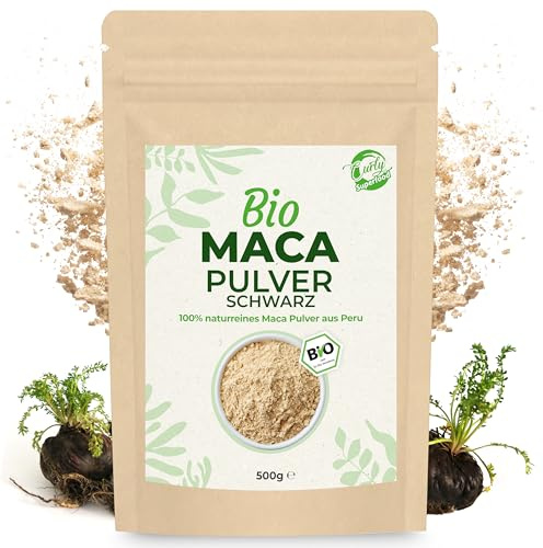 Curly Superfood Schwarzes Maca Pulver Bio 500g - 100% Bio Maca Schwarz aus Peru in naturreiner Rohkost Qualität ohne Zusätze - Feines Pulver für Smoothies, Säfte & Wasser