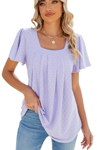 Famulily Women's Square Neck T-Shirt Hollow Short Sleeve Simple Tops Ladies Spring Summer Basic Casual Blouses (XXL, Purple)