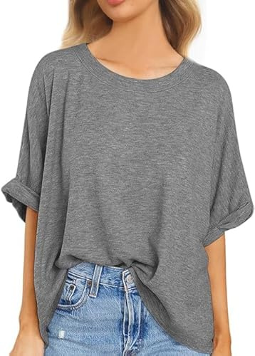 Voqeen Womens T Shirts Summer Oversized Tops Short Sleeve Round Neck Crew Tees Loose Baggy Tshirts Casual Basic Plain Shirts for Ladies Grey
