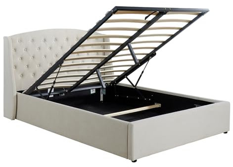 Home Source Double 4ft 6in Ottoman Storage Bed, High Headboard, Gas Lift, Cream