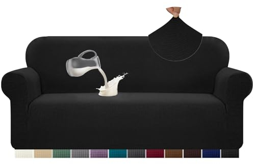 Alishomtll Sofa Überzug 3 Sitzer Stretch Sofabezug Universal Wasserabweisend Couch Überzug Sofaüberwürfe Elastische Jacquard Couchbezug rutschfest Sofaschoner für Hunde Katzen (185-230cm, Schwarz)