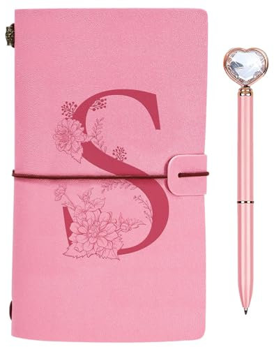 Regalo Diario in Pelle Iniziale, Diario di Viaggio Rosa, Taccuino in Pelle Rifillabile con Penna Diamante Cuore, Idee Regalo Compleanno, Ringraziamento, Natale per Donne Ragazze Amica Scrittori S