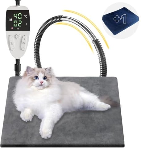 YFFU Heated Cat Bed Auto Shut Off 45x45cm Pet Heating Pad 30℃~60℃ Adjustable Temperature & 13-Level Timer, Dog Heat Pad with Chew Resistant Steel Cord, Washable 2 Crystal Velvet Covers Warming Mat