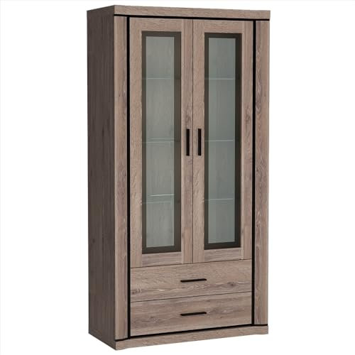 Lomadox Vitrine Vitrinenschrank mit Beleuchtung 2-türig in Trüffel Eiche