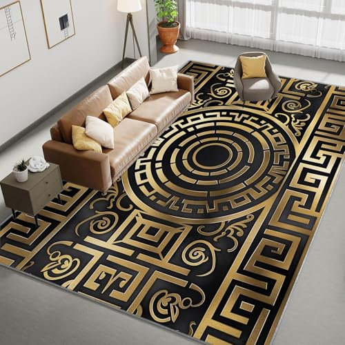 Waschbarer Teppich 180 x 240 cm Traditionell Bedruckter Läufer, Griechisches Zickzack Muster Blumen rutschfest Teppich für Wohnzimmer Schlafzimmer Büro Modern Design - Kurzflor Kinderzimmer Läufer