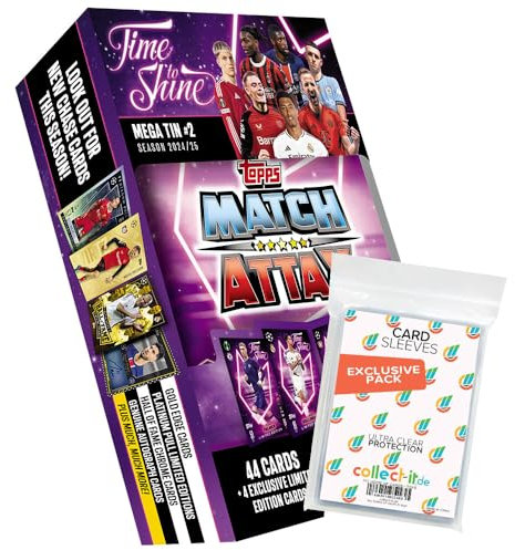 Bundle mit Match Attax CL 2024/25 - Trading Cards - Mega Tin Box + Exklusive Collect-it Hüllen (1 Mega Tin Box Time to Shine #2)