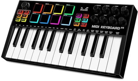 TERENCE Teclado MIDI 25 Teclas Profesional Controlador MIDI Keyboard 500mAh 8 Pads RGB Perilla Infinita de 360° 8 Perillas Asignables Pantalla OLED Compatible con Múltiples DAWs y Dispositivos