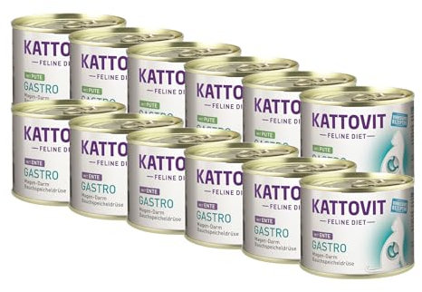 Kattovit Feline Diet Gastro 12x 185g Ente & Pute | Multipack | speziell für Katzen mit Gastro-intestinalen Problemen | Nassfutter für Katzen