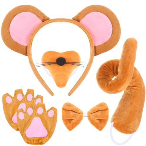 Sintege Mouse Costume for Kids Adult Mice Ears Headband Mouse Nose Tail Gloves Mice Costume for Carnival Halloween(Brown)