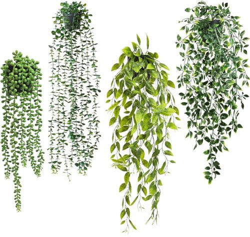 PRZRAO 4Pcs Plantes Artificielles Suspendues Guirlande Vigne avec Pots, Fausse Plantes Verte Artificielles Interieur Suspendues, Vigne Tombante Décoration pour Intérieure Extérieure Balcon