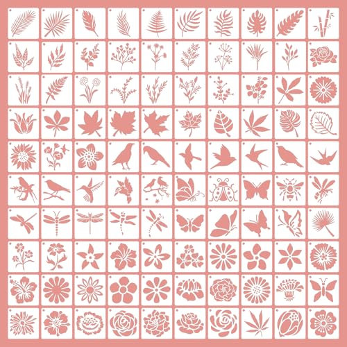 WYYFXY® 100 Stück Stencil Schablonen Malen 5×5cm Blumen Blätter Gras Vögel Insekten Malschablonen Klein Wiederverwendbar Zeichenschablonen für DIY Geschenkkarten Scrapbooking