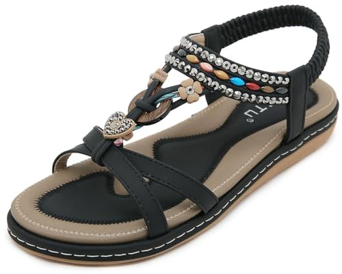Meik Mangni Sandales Mode Femme Bohême Plates été Sandales Confortable Bout Ouvert Sandales de Marche,Noir,Taille:42 EU