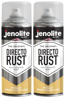 JENOLITE Directorust Metallic Gloss Spray Paint | BRIGHT GOLD | 2x400ml | Multi-Surface Bright Gold Spray Paint for Metal, Wood, Plastic | All-In-OnePrimer, Undercoat and Topcoat | Interior & Exterior