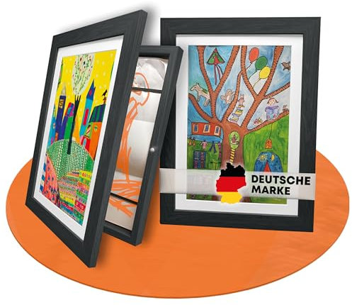 BALA® Frontöffnung Bilderrahmen schwarz - 2 Stück A4 befüllbare Rahmen für Kinderzeichnungen und Kunstwerke zum Aufhängen oder Aufstellen für 120+ Bilder