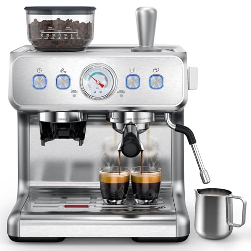 COWSAR Máquina de café espresso de 15 bares mejorada 2025, cafetera espresso semiautomática con molinillo de frijoles y espumador de leche, tanque de agua extraíble de 80 onzas para capuchino