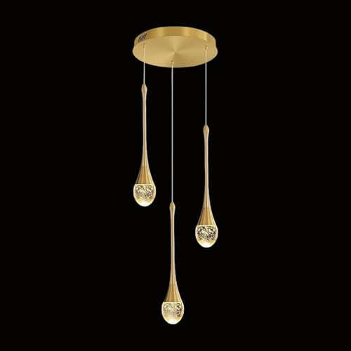LED Dimmbar Pendelleuchte Gold Tropfen Kristall Hängelampe,150cm 3-flammig | Kronleuchter Modern Regentropfen HöHenverstellbar Wohnzimmer HäNgelampe,HäNgeleuchte Foyer,Eingang,Esszimmer,Pendellampe