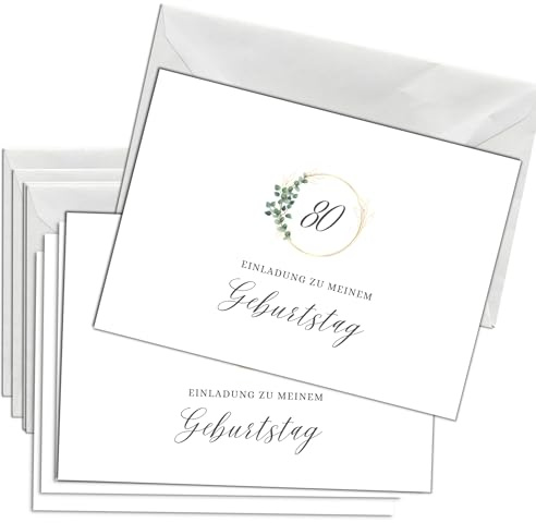 Briefzauber Geburtstagseinladung 80. Geburtstag | Set 12x Karten & 12x Umschläge | DIN‑A6‑Set mit Lückentext | Einladungskarten Jubiläum - verschiedene Varianten (80. Geburtstag - Minimal)