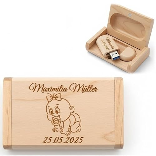 USB-Stick 3.0 mit Holzbox, Personalisierte Gravur, Geschenkidee zur Geburt, Baby Mädchen Junge Neugeboren Geschenk, Speicherstick aus Massivholz (Ahorn, 128, GB)