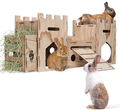 HIIMALEX Bunny Castle Spielhaus, mehrstöckiger Kletterturm mit Tunnelversteck für Kaninchen, belüftet, stabiles Anreicherungsspielzeug, Innenraum, mit Rampe (Walnußfarbe 1T)