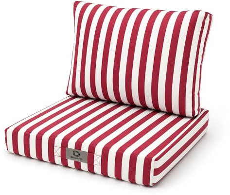 Déco Arts — Lot de 2 Coussins Déhoussables Salon Jardin 50x50 — Assise 50x50 + Dossier 50x35 cm — Imperméable Anti-UV — Remplacement Mobilier Jardin Terrasse Balcon Véranda — Rayures Rouges