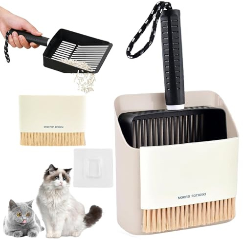 Calenxy Katzenklo Schaufel, Katzenstreuschaufel Katzenschaufel Edelstahl mit Behälter und kleinerbesen Schnelles Siebwerkzeug zur Reinigung für Katzen, Katzenklo Zubehör für Alle Katzenstreu