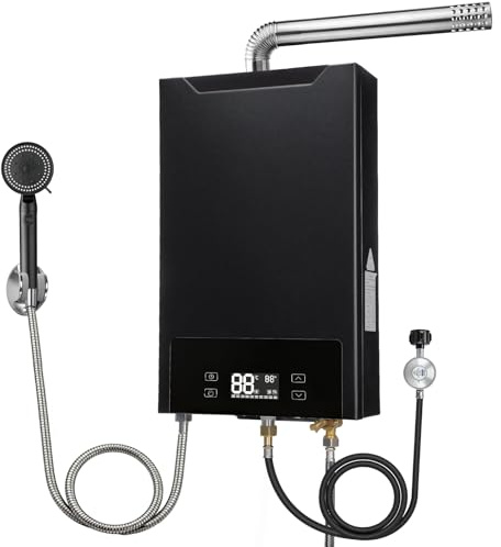 16L Propangas Durchlauferhitzer LPG, 32KW Propangas Durchlauferhitzer, LED-Touchscreen-Knöpfen, 220V-Frostschutzstecker, Gasdurchlauferhitzer für Camping Caravaning Haushalt