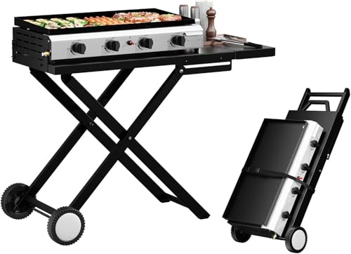 Outopee Barbecue a gas propano pieghevole a 4 fuochi, barbecue portatile a gas con tavolino, vassoio per il grasso, ruote, accensione elettronica e regolatore per feste in giardino, campeggio, picnic
