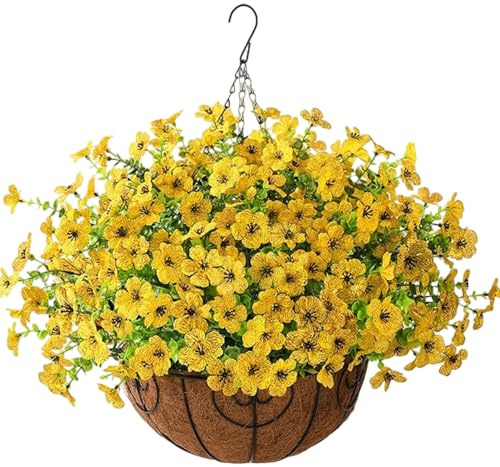 Paniers suspendus artificiels, marguerites réalistes, fleurs suspendues avec support, fleurs artificielles résistantes aux UV pour l'extérieur, porche, maison, patio, balcon, cour – Plantes d'extér