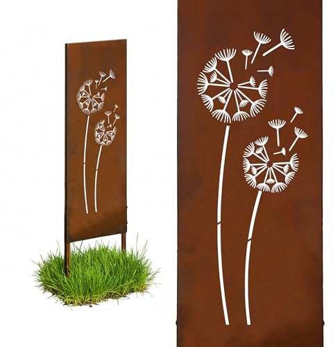 Relaxdays Edelrost Gartendeko, Pusteblume, HB: 85 x 28 cm, Gartenstecker wetterfest, rustikal, zum Stecken, Eisen, braun