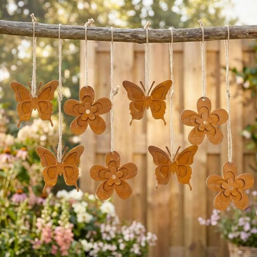 levandeo 8er Set Dekohänger Blume Rost Schmetterling Metall Frühlingsdeko Vintage Rostdeko Hängedeko Gartendeko Anhänger