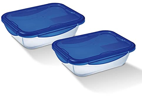 Pyrex Cook&Go Vorratsdosen, rechteckig, 80/170 cl, transparent + Deckel, Blau, 2 Stück