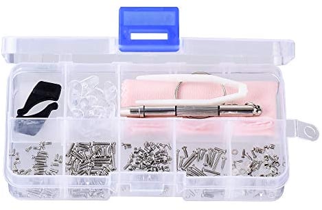 ShipeeKin Viti per la riparazione degli occhiali, Kit di strumenti per la riparazione degli occhiali (Set assortimento di viti dadi e naselli in silicone con pinzette micro cacciavite)