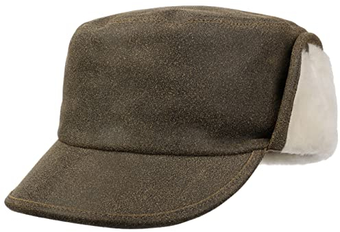LIERYS Leder Armycap mit Ohrenklappen Damen/Herren - Unifarbene Winterkappe aus 100% Leder - Cap mit integriertem Stofffutter und Ohrenschutz - Basecap Herbst/Winter Dunkelbraun S (54-55 cm)