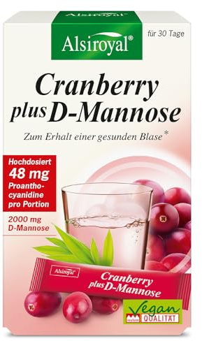 Alsiroyal Cranberry plus D-Mannose · 2000 mg D-Mannose & Cranberry-Extrakt mit PACs pro Stick · mit Zink, Vitamin B2 & Biotin · vegan · 30 Trink-Sticks Waldbeere-Geschmack