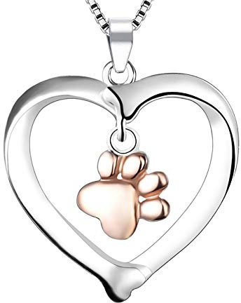 LYTOPTOP Necklace S925 Sterling Silver Heart Shape with A Rose Gold Paw Print Necklace Pendant