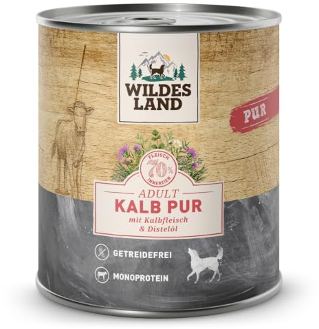 Wildes Land - Kalb mit Distelöl - PUR Adult Nassfutter für Hunde - 12x 800g