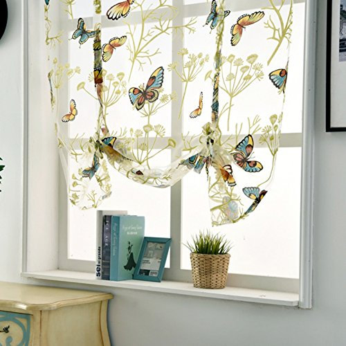 Hankyky 120 * 120cm Voile Tie Blinds Butterfly Pattern Printed Curtain Panels Floral Roman Curtains Sheer Voile Window Shade Blinds Rod Pocket