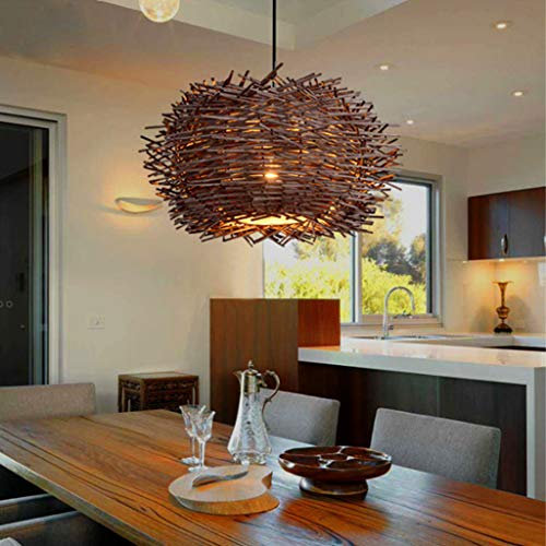 AHQX Rattan Pendellampe Retro Kreative Vogelnest Kronleuchter Handgewebte Hängelampe E27 Höhenverstellbarer Hängeleuchten Restaurant Schlafzimmer Wohnzimmer Balkon Cafe Bar Pendelleuchten,Braun,50cm