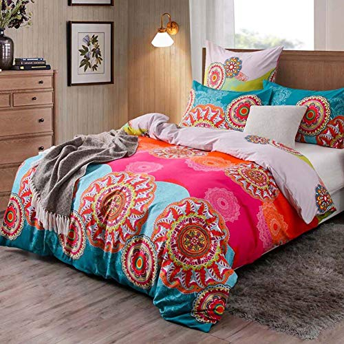 AShanlan Bohemian Style Bettwäsche Set 200x200 Indishes Design Mandala Muster Türkis Rosa Pink Boho Bettbezug Premium Qualität Mikrofaser mit Reißverschluss Kissenbezüge 80x80 cm