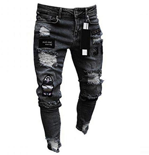 Männer Jeans - Coole Schwarze Skinny Ripped Destroyed Stretch Slim Fit Hip-Hop Hose Mit Löchern Und Reißverschluss - L Schwarz