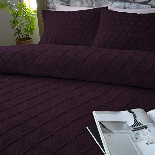 Bedding Home Super Soft Luxury Geo Triangle Embossed Teddy Bear Sherpa Wool Feel Anti-Allergy Quilt Duvet Cover Set (Purple, Double)