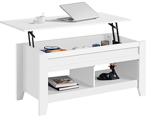 Yaheetech Table de Basse avec Plateau relevable, Table de Salon et Salle à Manger Fonctionnelle, avec Deux Compartiements Caché, Design Moderne en Bois MDF 104 x 49 x 49/61 cm Blanc