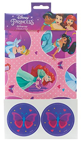 Disney Prinzessinnen-Geschenkpapier, Pink, enthält 2 Bögen und Geschenkanhänger