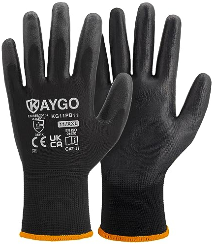 KAYGO Work Gloves PU Coated-12 Pairs, KG11PB, Black Safety Working Gloves with Secure Grip on Palm & Fingers, for Men and Women, Ideal for General Duty Work, Gardening (XX-Large, Black)