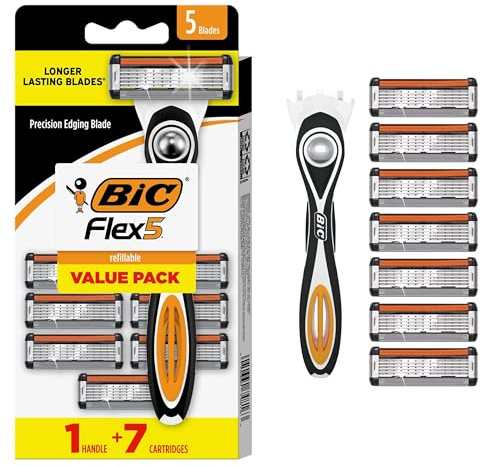 BIC Flex 5 Men's Refillable 5-Blade Razors with 1 Handle and 7 Cartridges, Smooth Shave Gift for Men