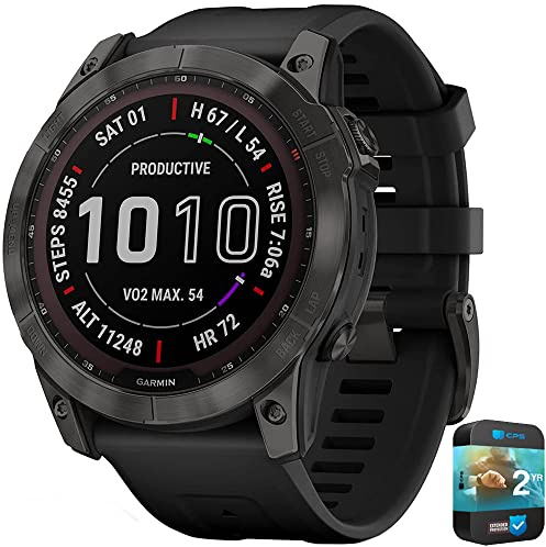 Garmin Fenix 7X Sapphire 010-02541-10 Montre intelligente solaire en titane gris carbone DLC avec bracelet noir et pack de protection amélioré CPS de 2 ans