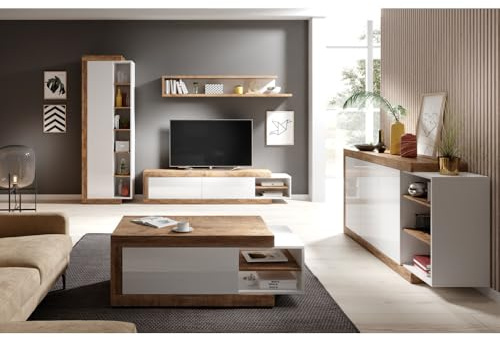 Lomadox Wohnzimmer Set Samdal Eiche Nb., mit Absetzungen in weiß Hochglanz